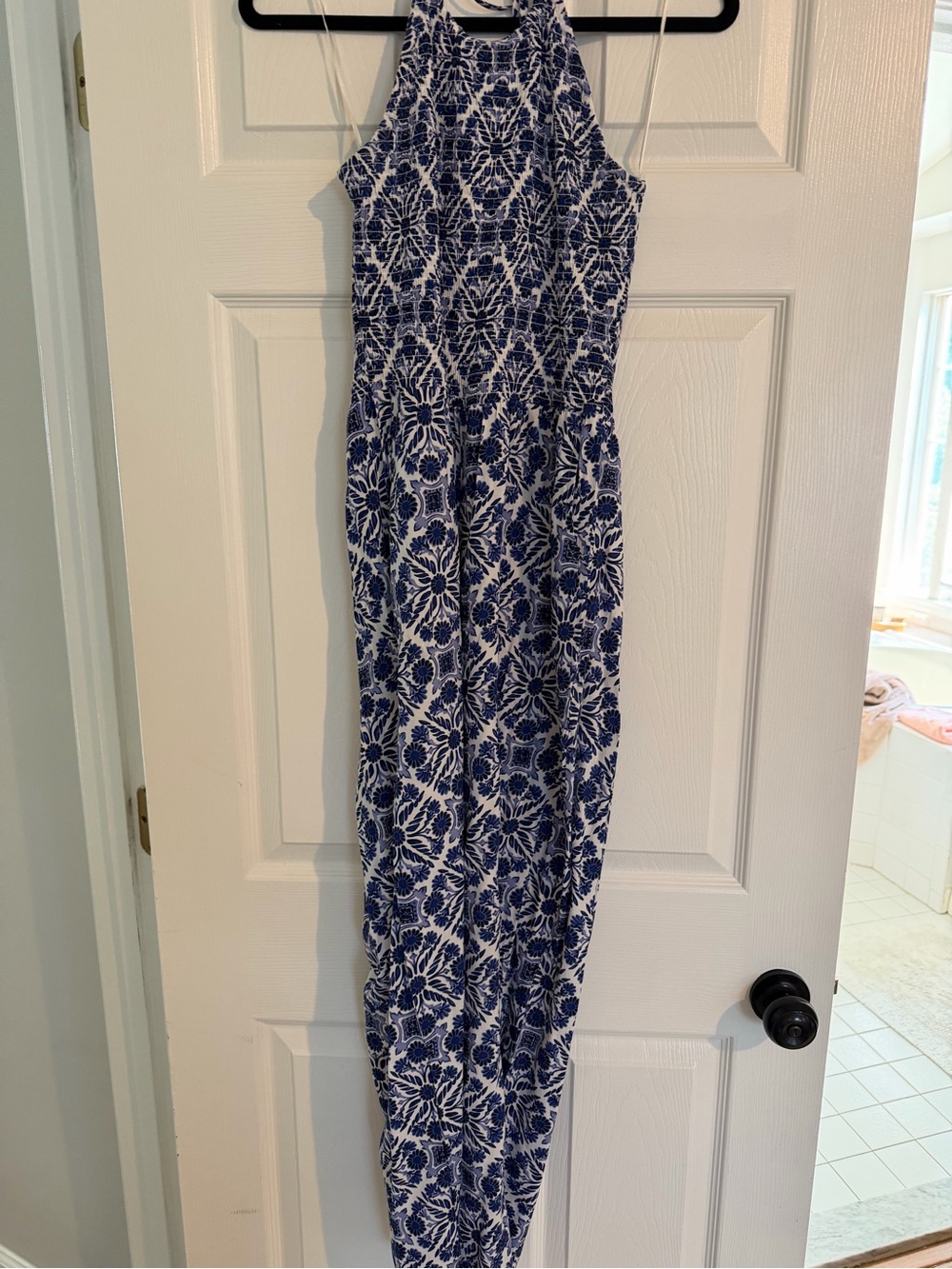Patrons of Peace Blue and White Printed Halter Jumpsuit